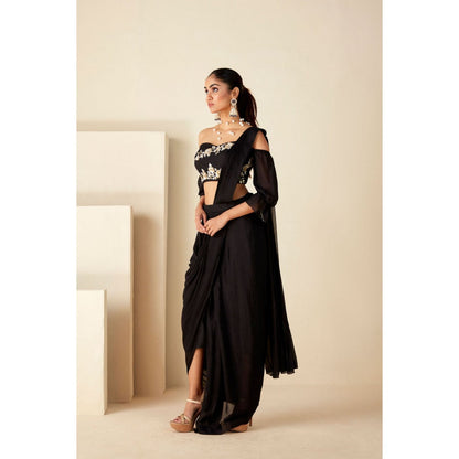Suruchi Parakh Black Embroidered Pre Drape Sarees and Blouse with Stitched
