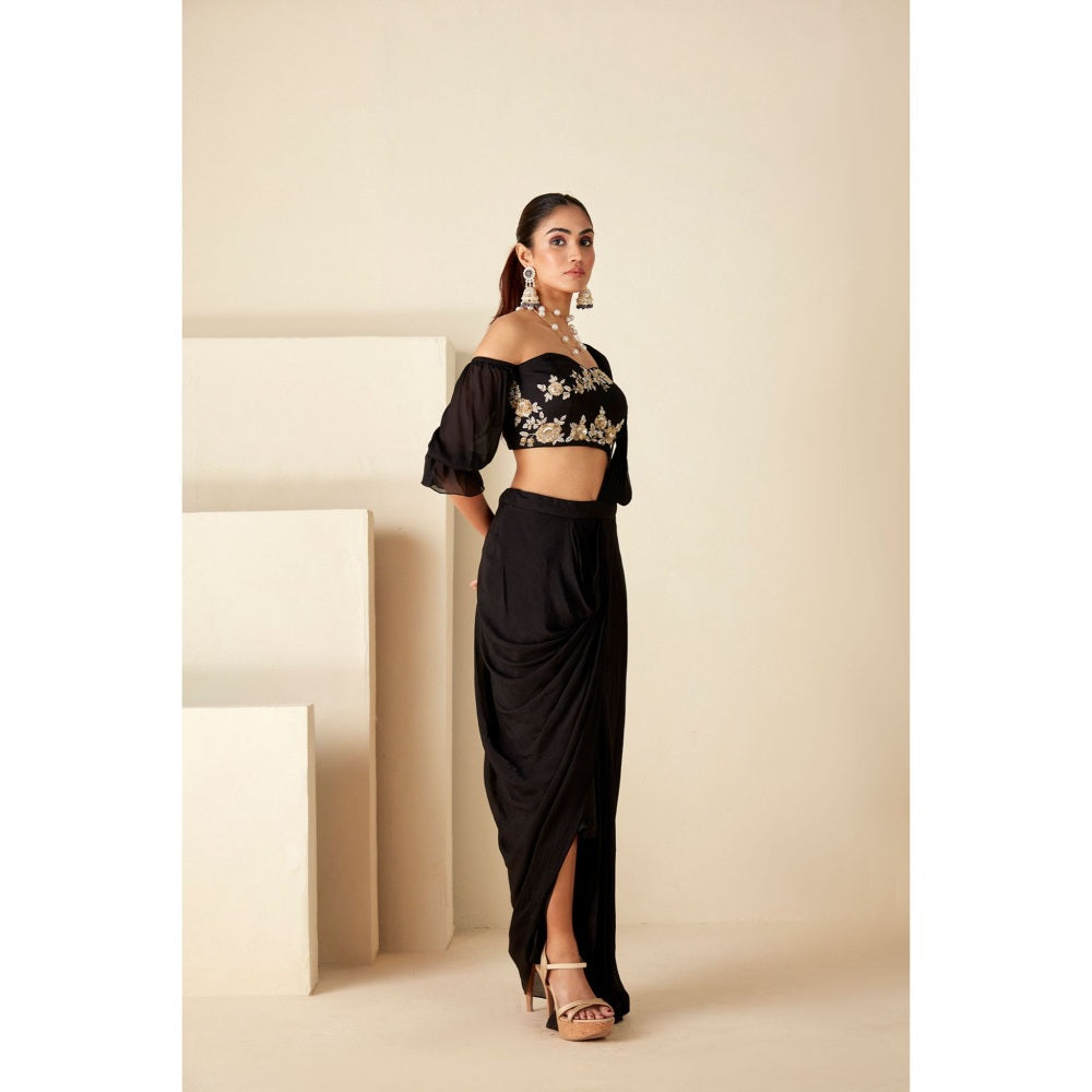 Suruchi Parakh Black Embroidered Pre Drape Sarees and Blouse with Stitched