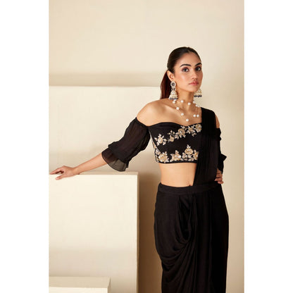 Suruchi Parakh Black Embroidered Pre Drape Sarees and Blouse with Stitched