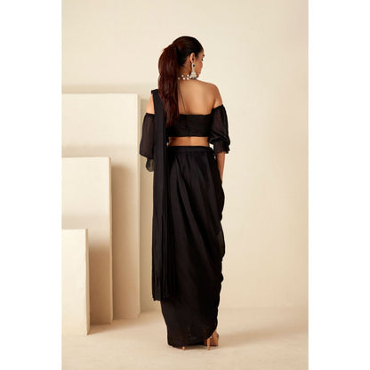 Suruchi Parakh Black Embroidered Pre Drape Sarees and Blouse with Stitched