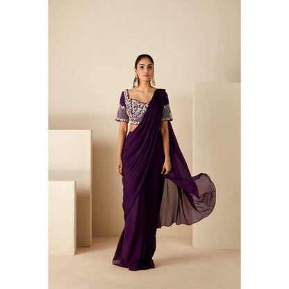 Suruchi Parakh Purple Embroidered Pre Drape Sarees and Blouse with Stitched
