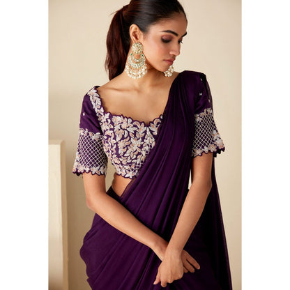 Suruchi Parakh Purple Embroidered Pre Drape Sarees and Blouse with Stitched