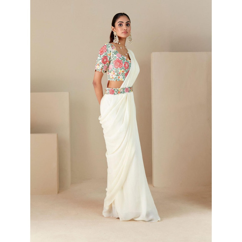 Suruchi Parakh Off White Embroidered Pre Drape Sarees with Blouse and Belt with Stitched