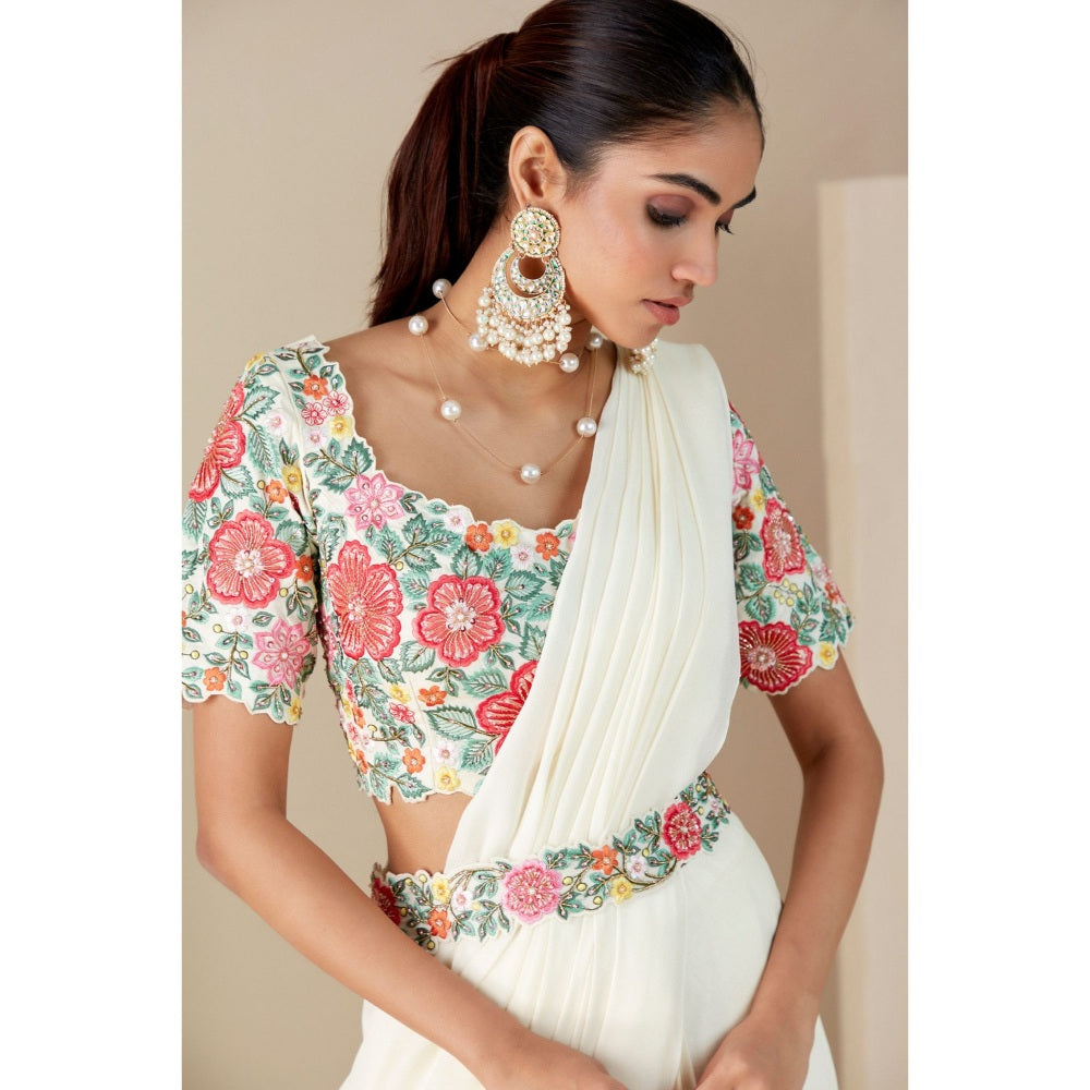 Suruchi Parakh Off White Embroidered Pre Drape Sarees with Blouse and Belt with Stitched