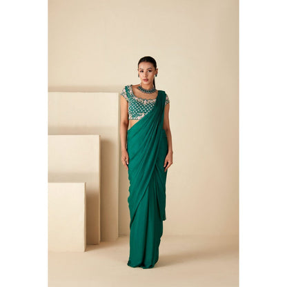 Suruchi Parakh Green Embroidered Pre Drape Sarees and Blouse with Stitched