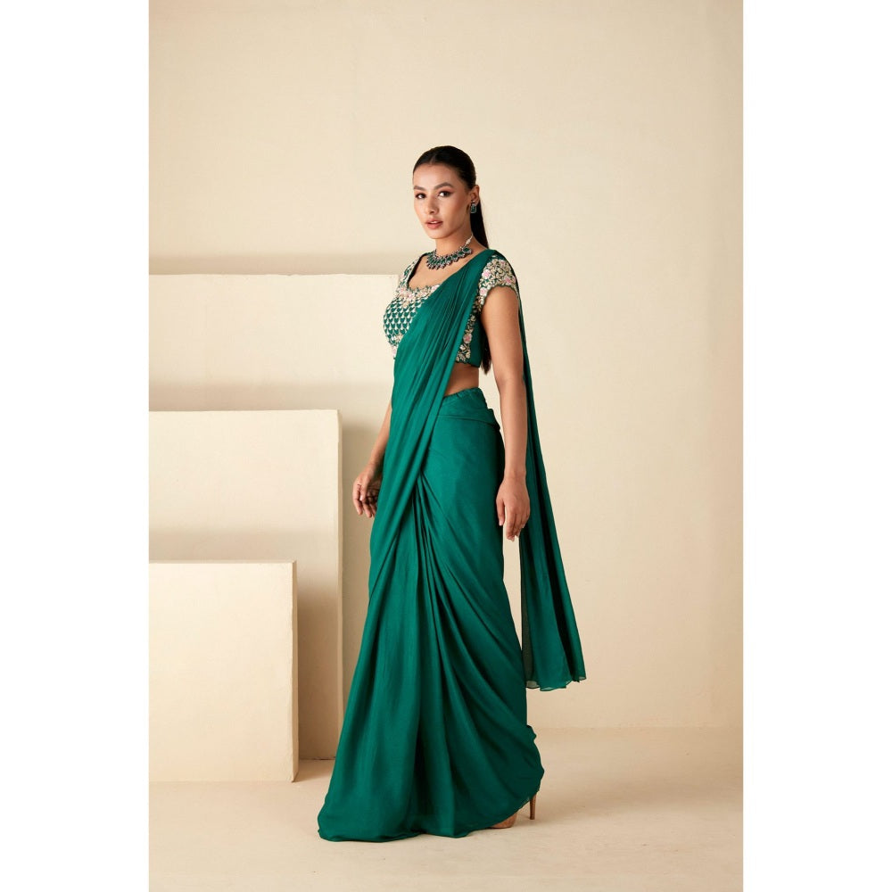 Suruchi Parakh Green Embroidered Pre Drape Sarees and Blouse with Stitched