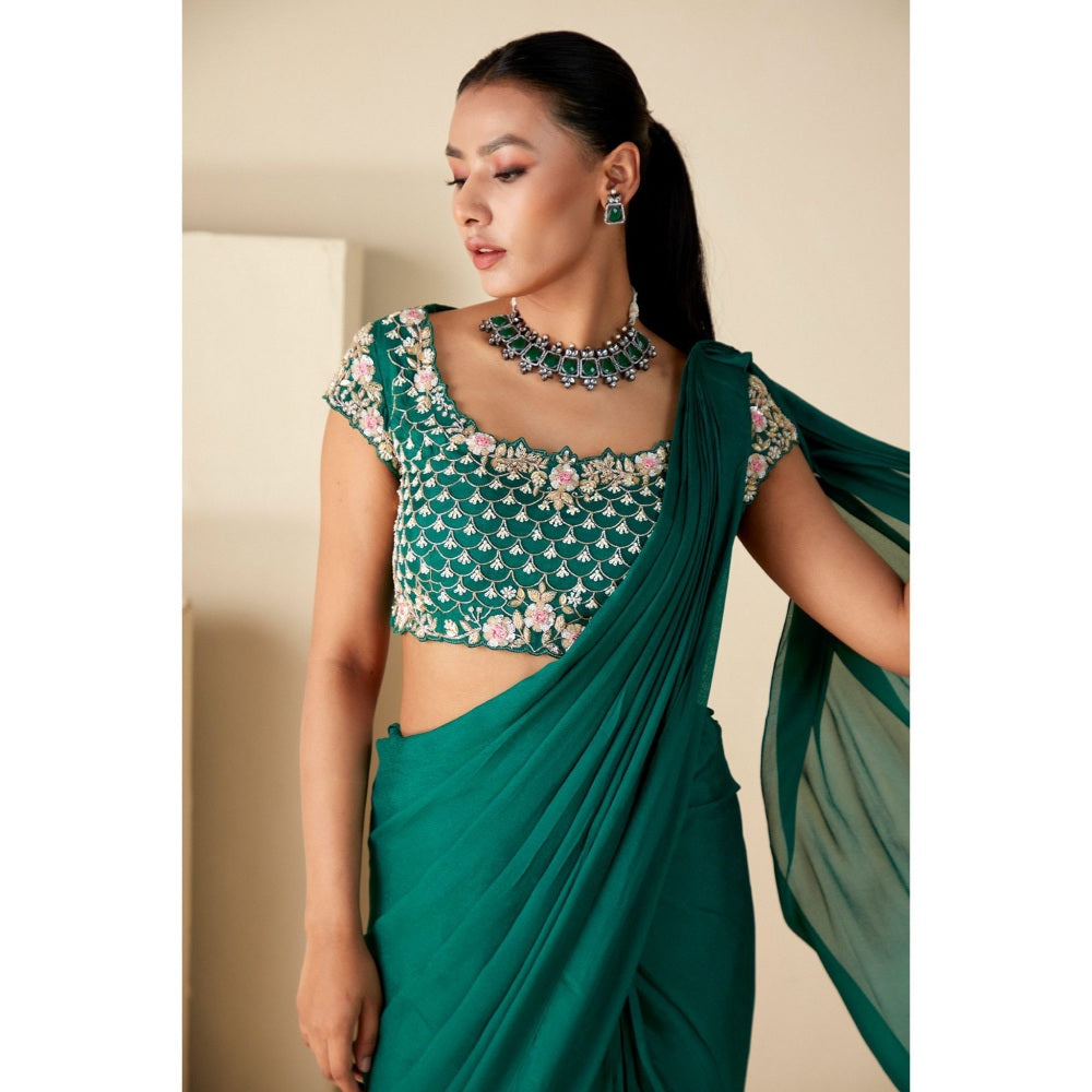 Suruchi Parakh Green Embroidered Pre Drape Sarees and Blouse with Stitched
