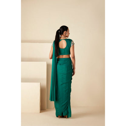 Suruchi Parakh Green Embroidered Pre Drape Sarees and Blouse with Stitched