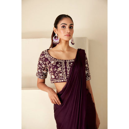 Suruchi Parakh Wine Embroidered Pre Drape Sarees and Blouse with Stitched