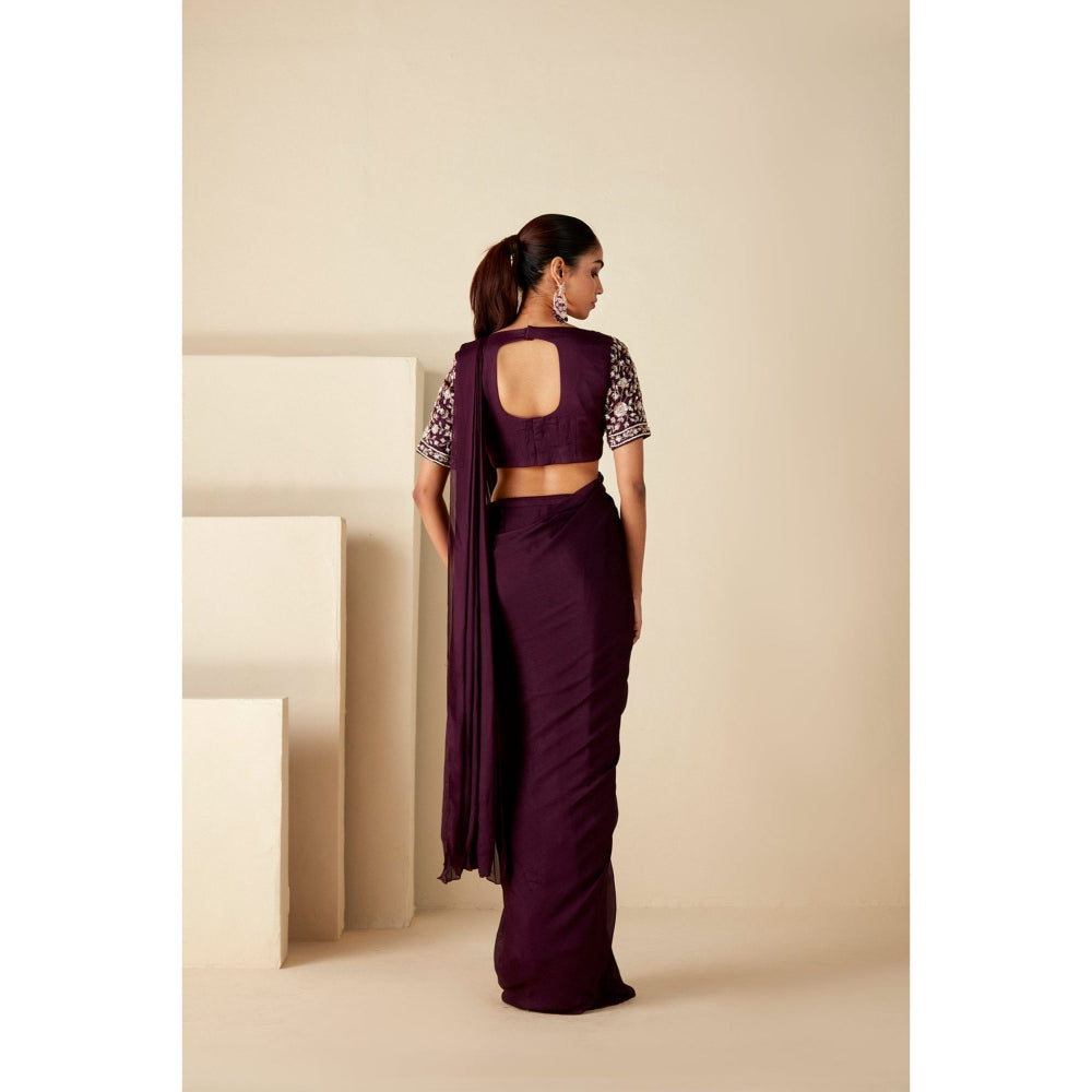 Suruchi Parakh Wine Embroidered Pre Drape Sarees and Blouse with Stitched