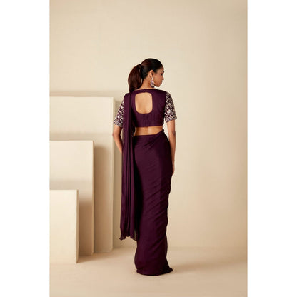 Suruchi Parakh Wine Embroidered Pre Drape Sarees and Blouse with Stitched
