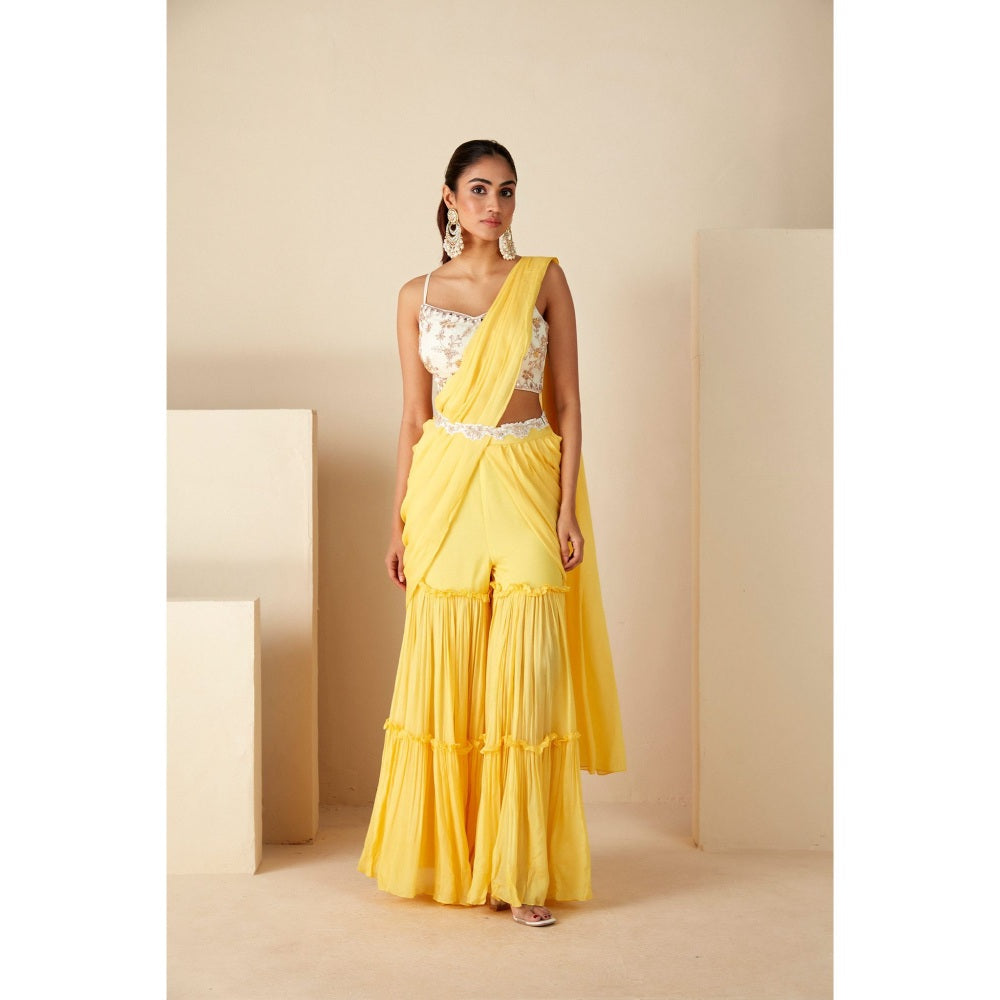 Suruchi Parakh Yellow Embroidered Pre Drape Sarees with Belt and Blouse with Stitched