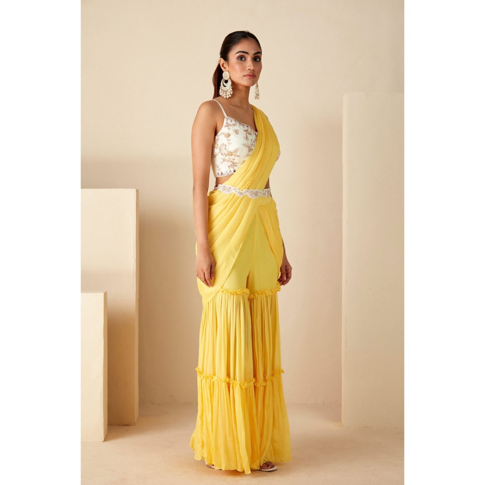 Suruchi Parakh Yellow Embroidered Pre Drape Sarees with Belt and Blouse with Stitched