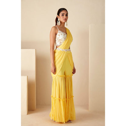 Suruchi Parakh Yellow Embroidered Pre Drape Sarees with Belt and Blouse with Stitched