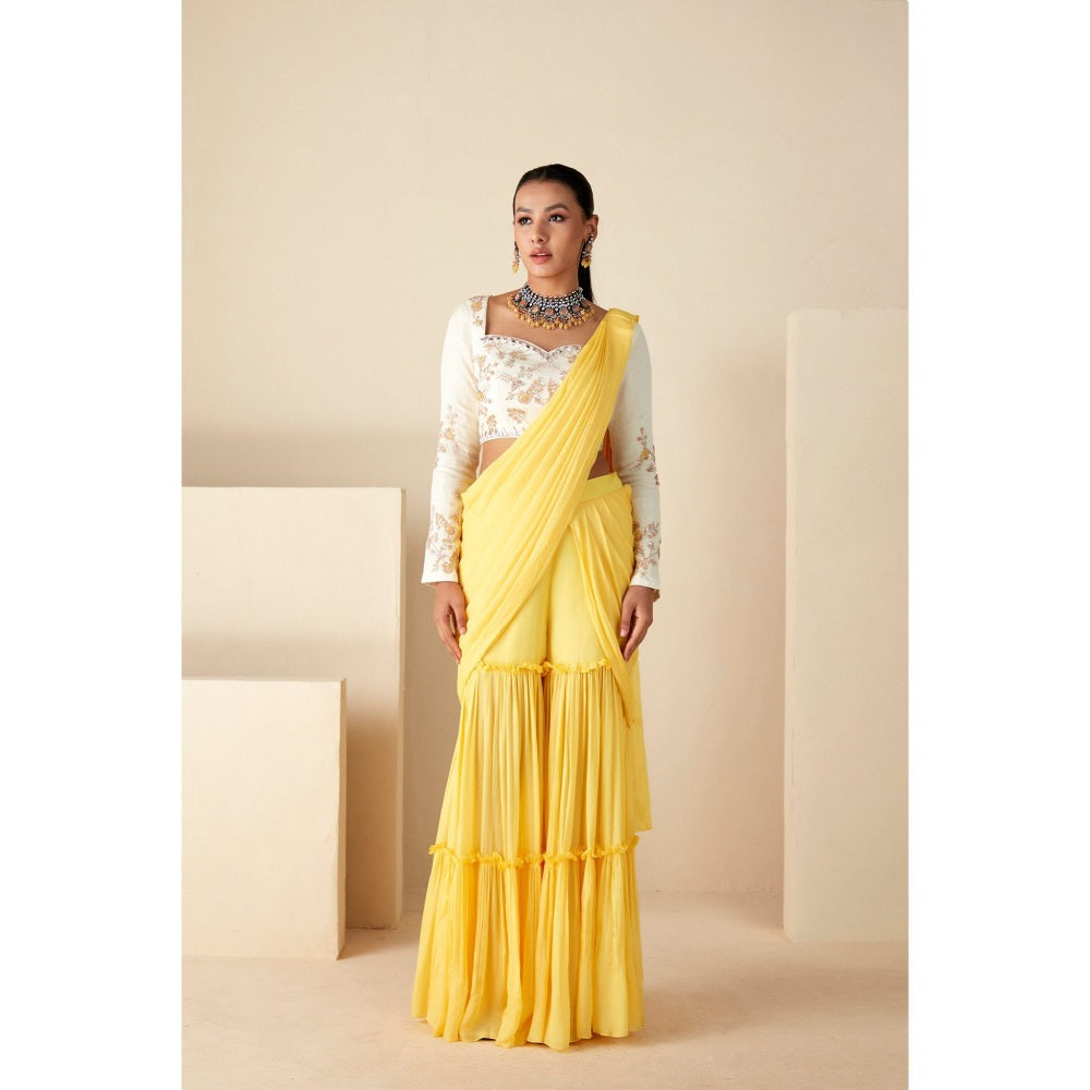 Suruchi Parakh Yellow Embroidered Pre Drape Sarees and Blouse with Stitched