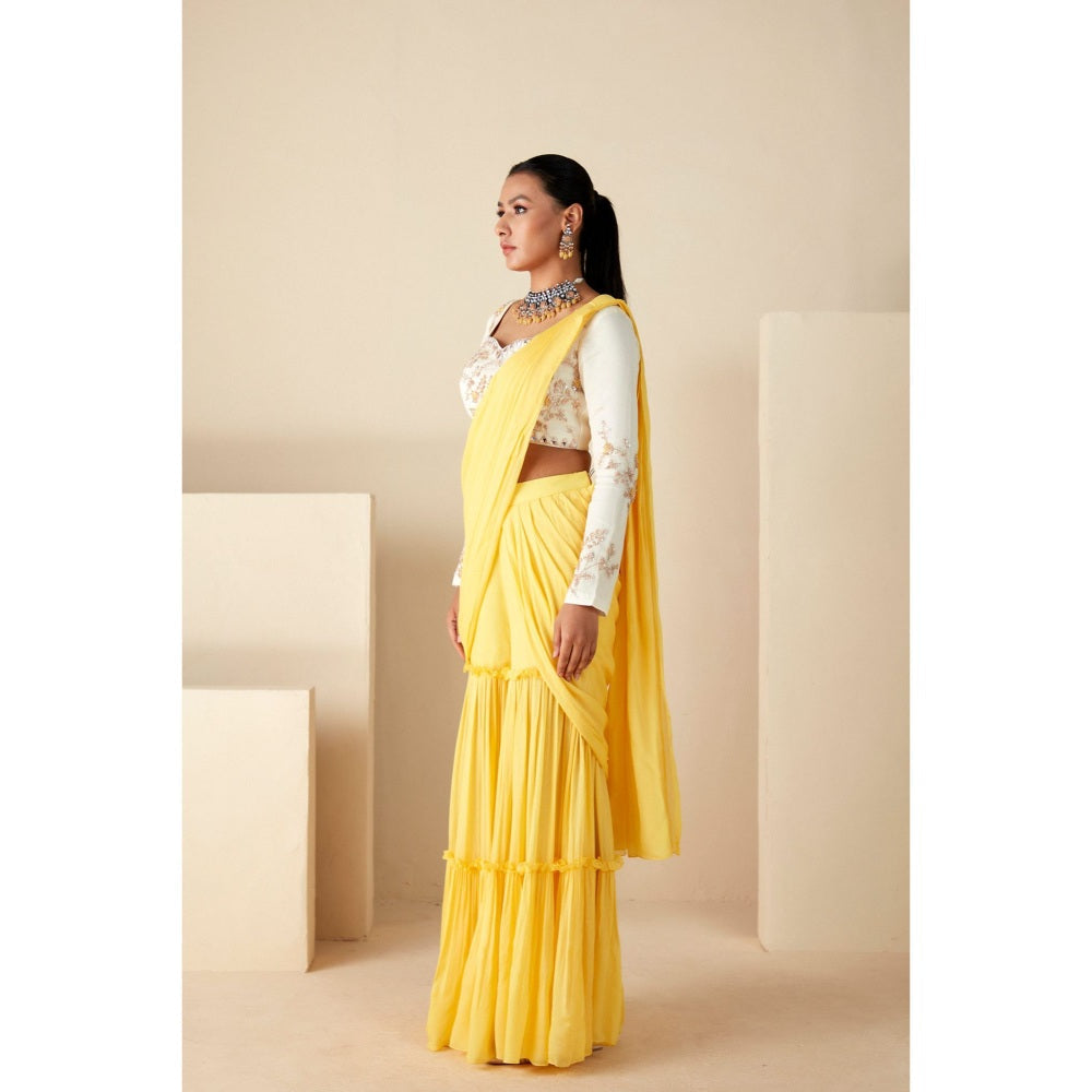 Suruchi Parakh Yellow Embroidered Pre Drape Sarees and Blouse with Stitched
