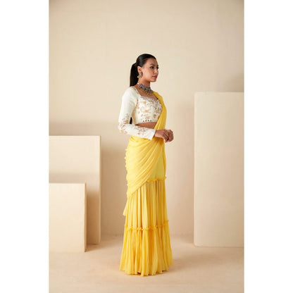 Suruchi Parakh Yellow Embroidered Pre Drape Sarees and Blouse with Stitched