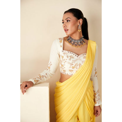 Suruchi Parakh Yellow Embroidered Pre Drape Sarees and Blouse with Stitched