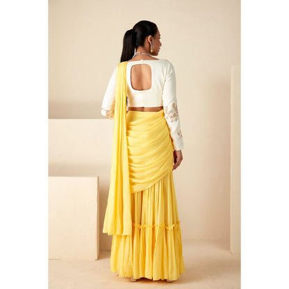 Suruchi Parakh Yellow Embroidered Pre Drape Sarees and Blouse with Stitched