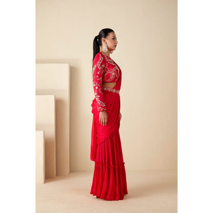 Suruchi Parakh Red Embroidered Pre Drape Sarees with Belt and Blouse with Stitched