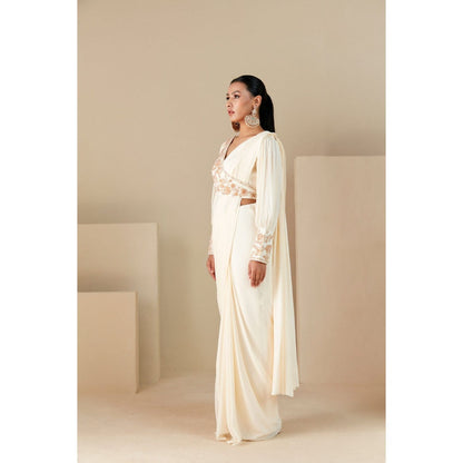 Suruchi Parakh Off White Embroidered Pre Drape Sarees and Blouse with Stitched