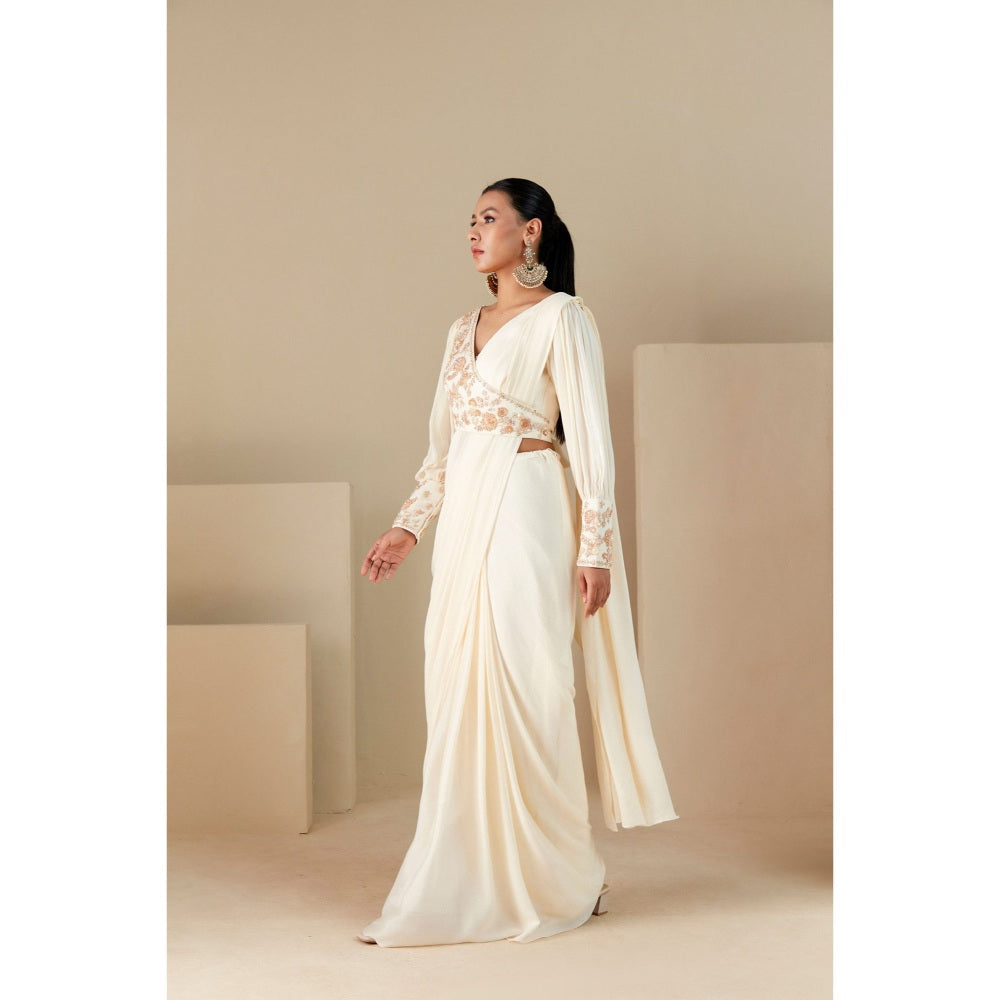 Suruchi Parakh Off White Embroidered Pre Drape Sarees and Blouse with Stitched