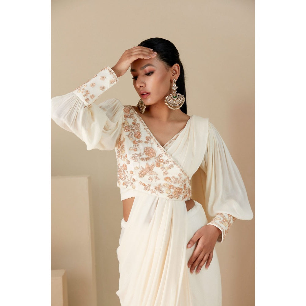 Suruchi Parakh Off White Embroidered Pre Drape Sarees and Blouse with Stitched