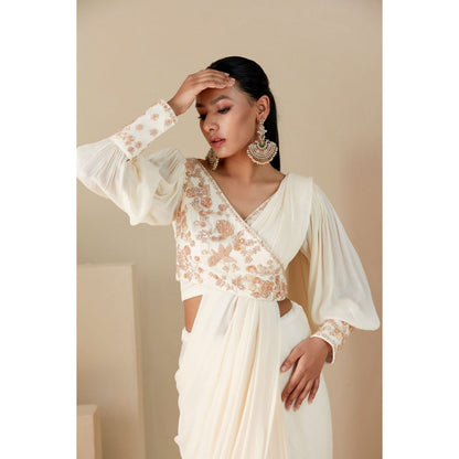 Suruchi Parakh Off White Embroidered Pre Drape Sarees and Blouse with Stitched