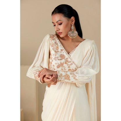 Suruchi Parakh Off White Embroidered Pre Drape Sarees and Blouse with Stitched