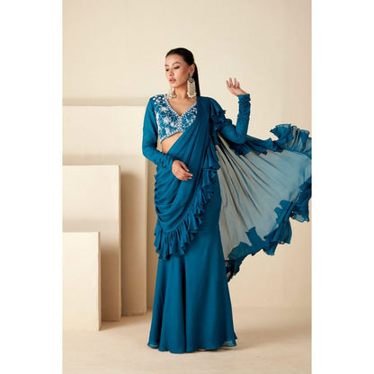 Suruchi Parakh Teal Embroidered Pre Drape Saree and Blouse with Stitched