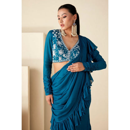 Suruchi Parakh Teal Embroidered Pre Drape Saree and Blouse with Stitched