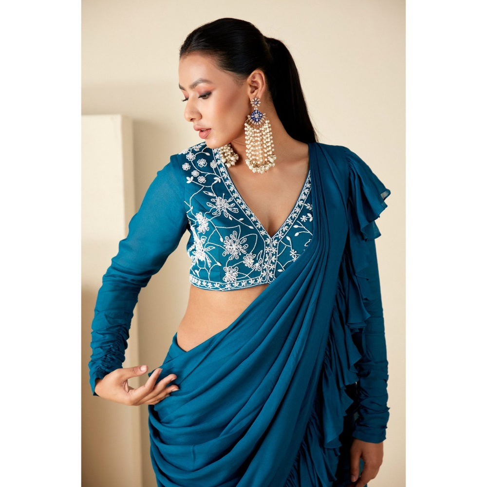 Suruchi Parakh Teal Embroidered Pre Drape Saree and Blouse with Stitched