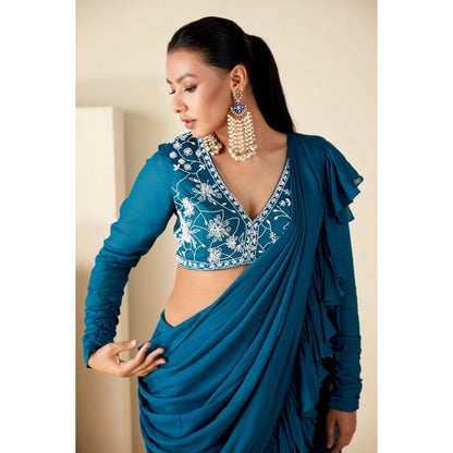 Suruchi Parakh Teal Embroidered Pre Drape Saree and Blouse with Stitched