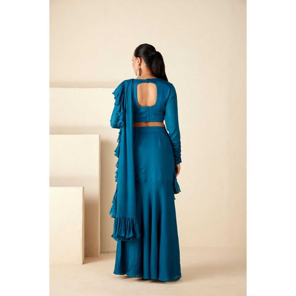 Suruchi Parakh Teal Embroidered Pre Drape Saree and Blouse with Stitched