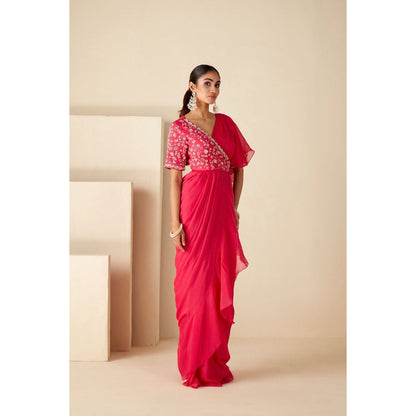 Suruchi Parakh Pink Embroidered Pre Drape Saree and Blouse with Stitched