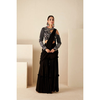 Suruchi Parakh Black Embroidered Pre Drape Saree and Blouse with Stitched