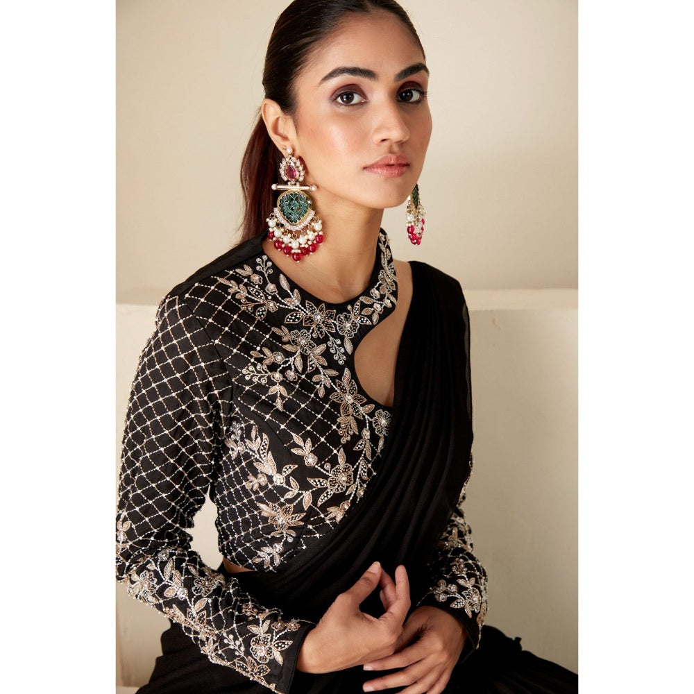 Suruchi Parakh Black Embroidered Pre Drape Saree and Blouse with Stitched