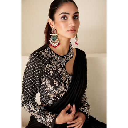 Suruchi Parakh Black Embroidered Pre Drape Saree and Blouse with Stitched