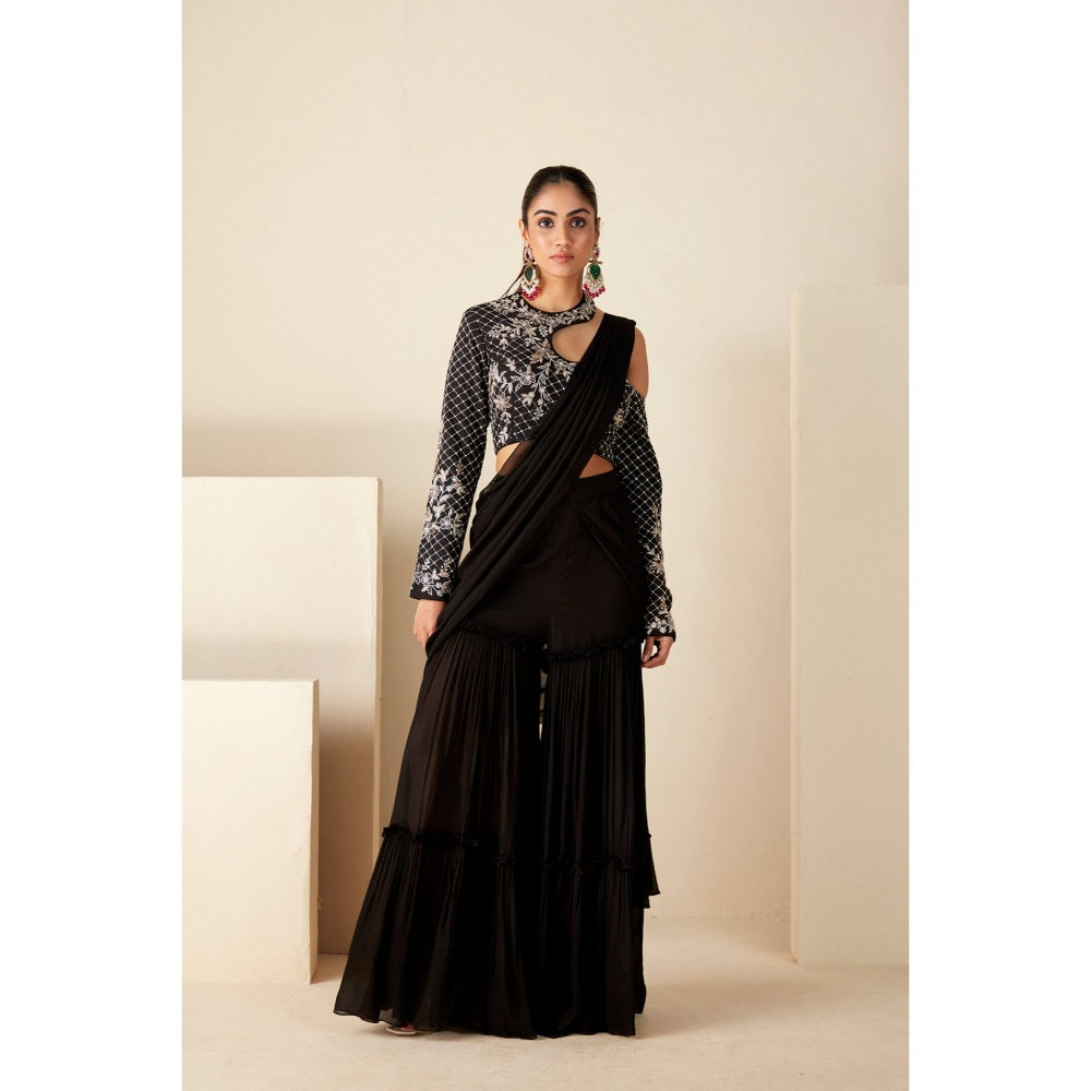 Suruchi Parakh Black Embroidered Pre Drape Saree and Blouse with Stitched