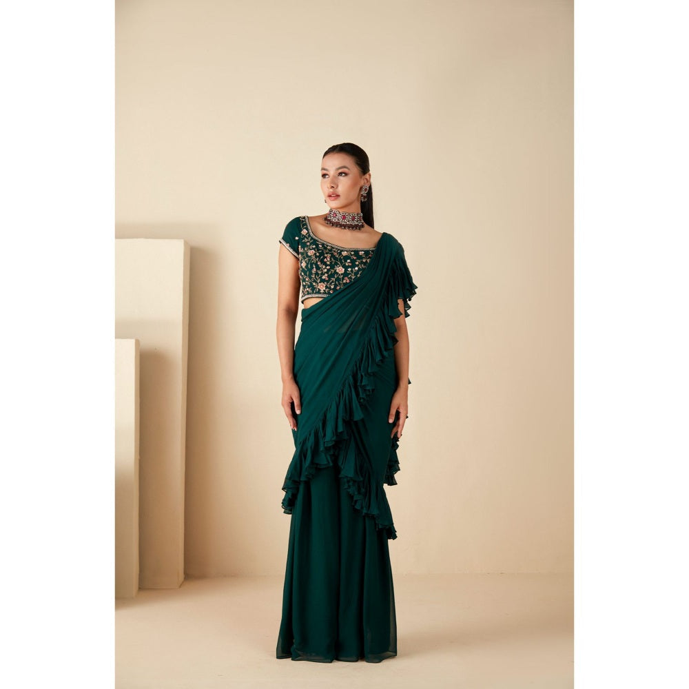 Suruchi Parakh Green Embroidered Pre Drape Saree and Blouse with Stitched