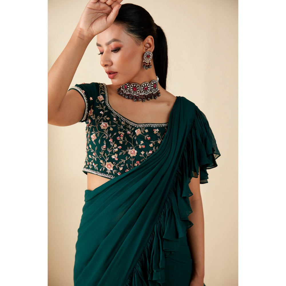 Suruchi Parakh Green Embroidered Pre Drape Saree and Blouse with Stitched