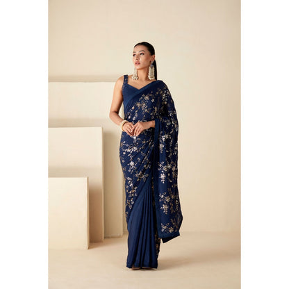 Suruchi Parakh Navy Blue Embroidered Saree with Petticoat and Blouse with Stitched