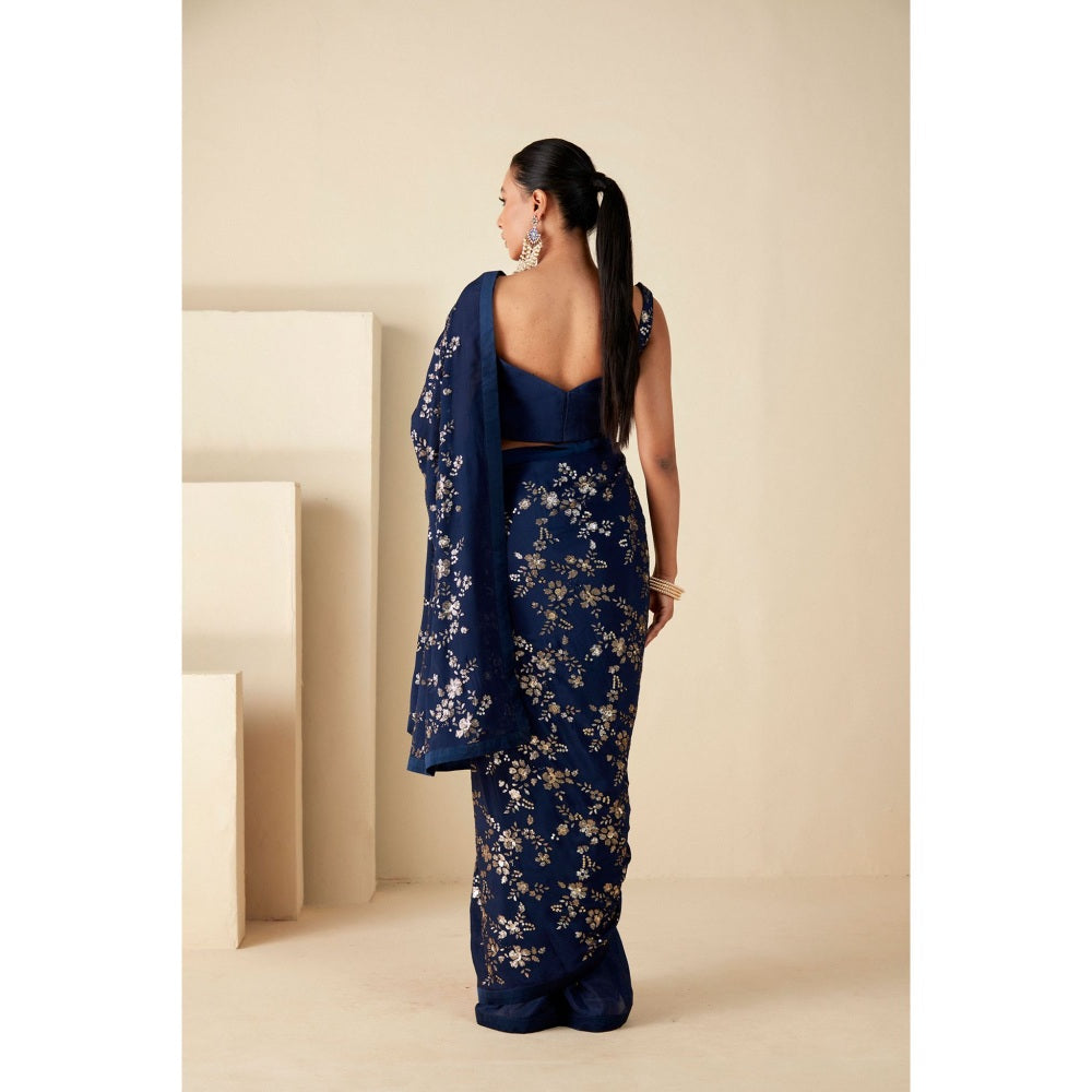 Suruchi Parakh Navy Blue Embroidered Saree with Petticoat and Blouse with Stitched