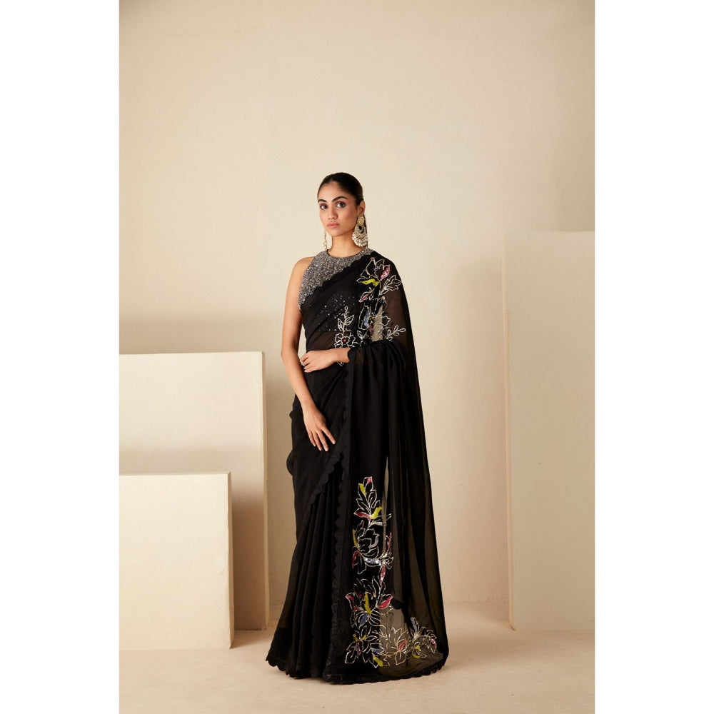 Suruchi Parakh Black Embroidered Saree with Petticoat and Blouse with Stitched