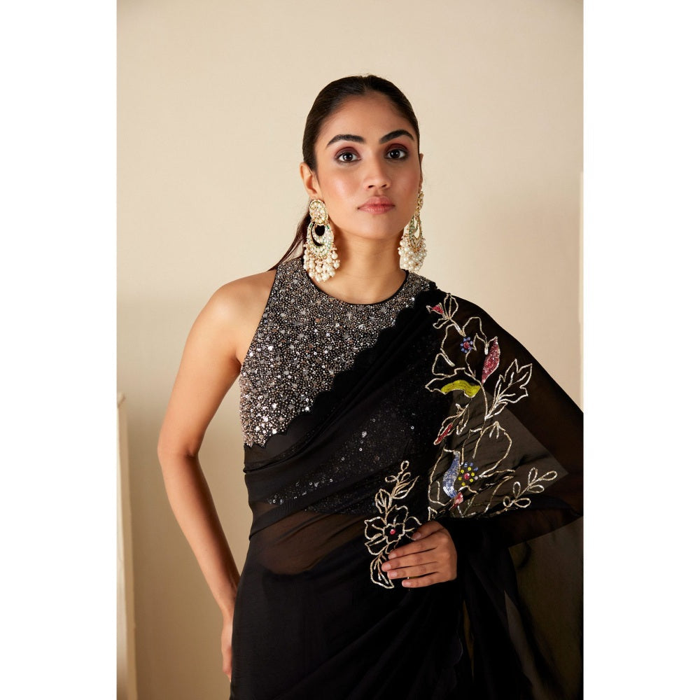 Suruchi Parakh Black Embroidered Saree with Petticoat and Blouse with Stitched
