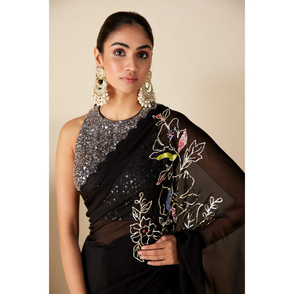Suruchi Parakh Black Embroidered Saree with Petticoat and Blouse with Stitched