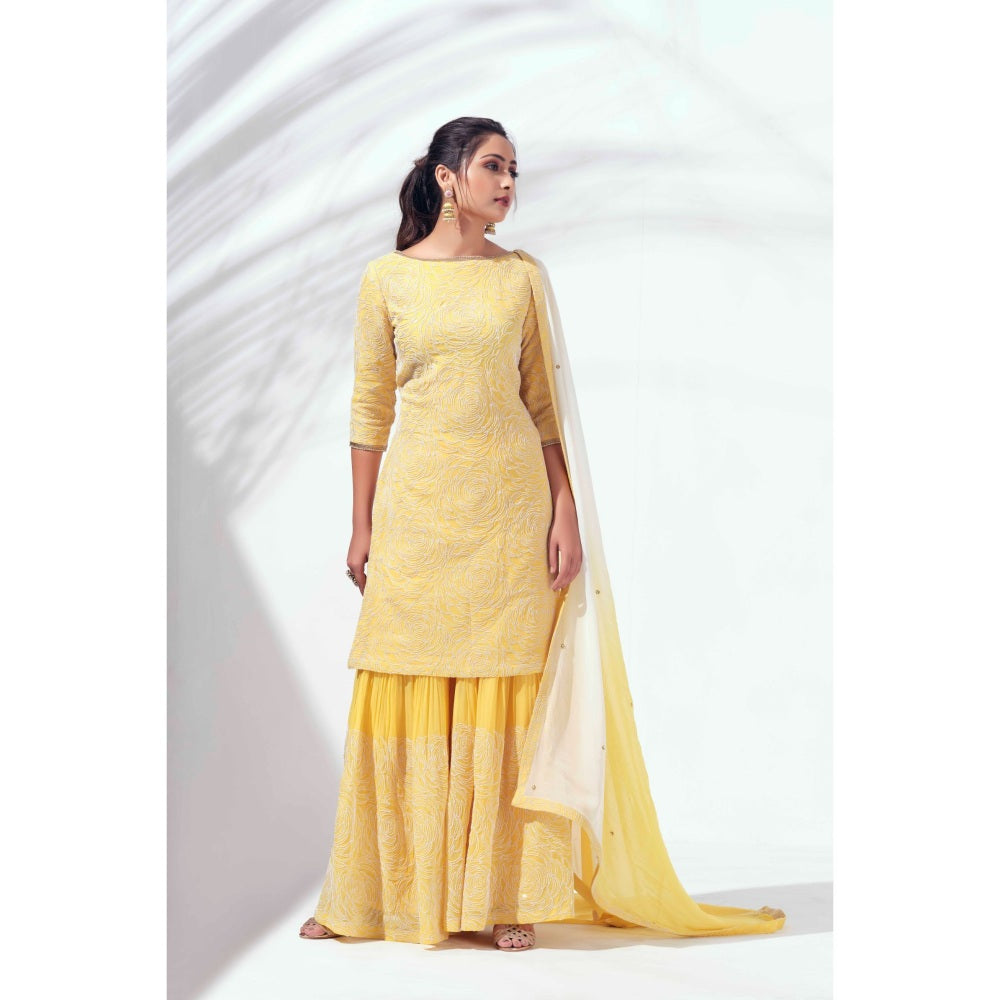 Suruchi Parakh Womens Yellow Embroidered Kurta with Sharara and Dupatta (Set of 3)