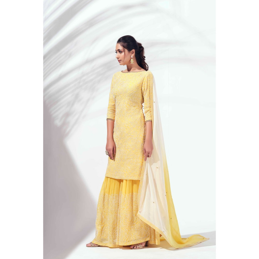 Suruchi Parakh Womens Yellow Embroidered Kurta with Sharara and Dupatta (Set of 3)