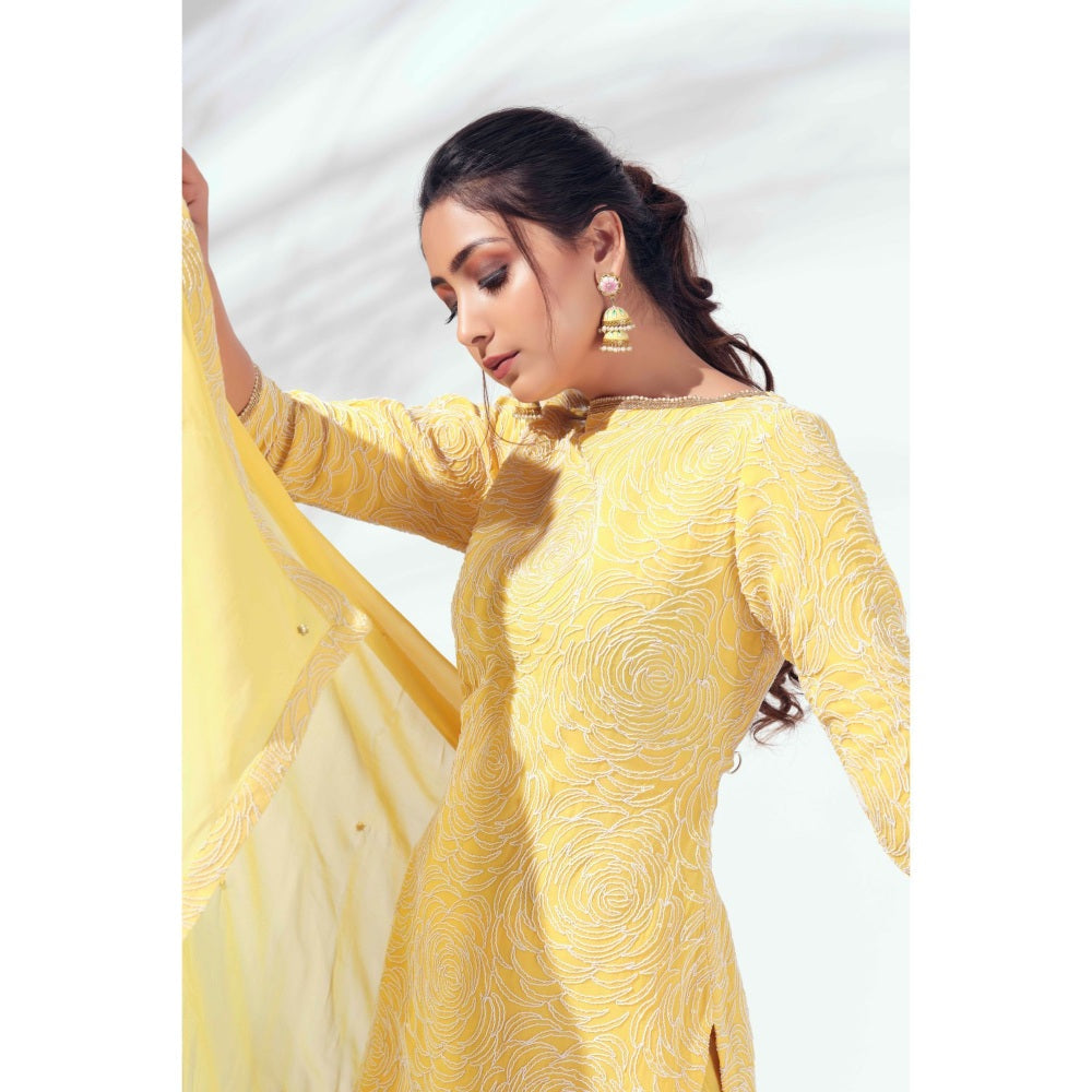 Suruchi Parakh Womens Yellow Embroidered Kurta with Sharara and Dupatta (Set of 3)