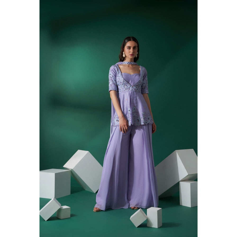 Suruchi Parakh Lavender Mirror Work Kurti and Bustier with Palazzo and Dupatta (Set of 4)